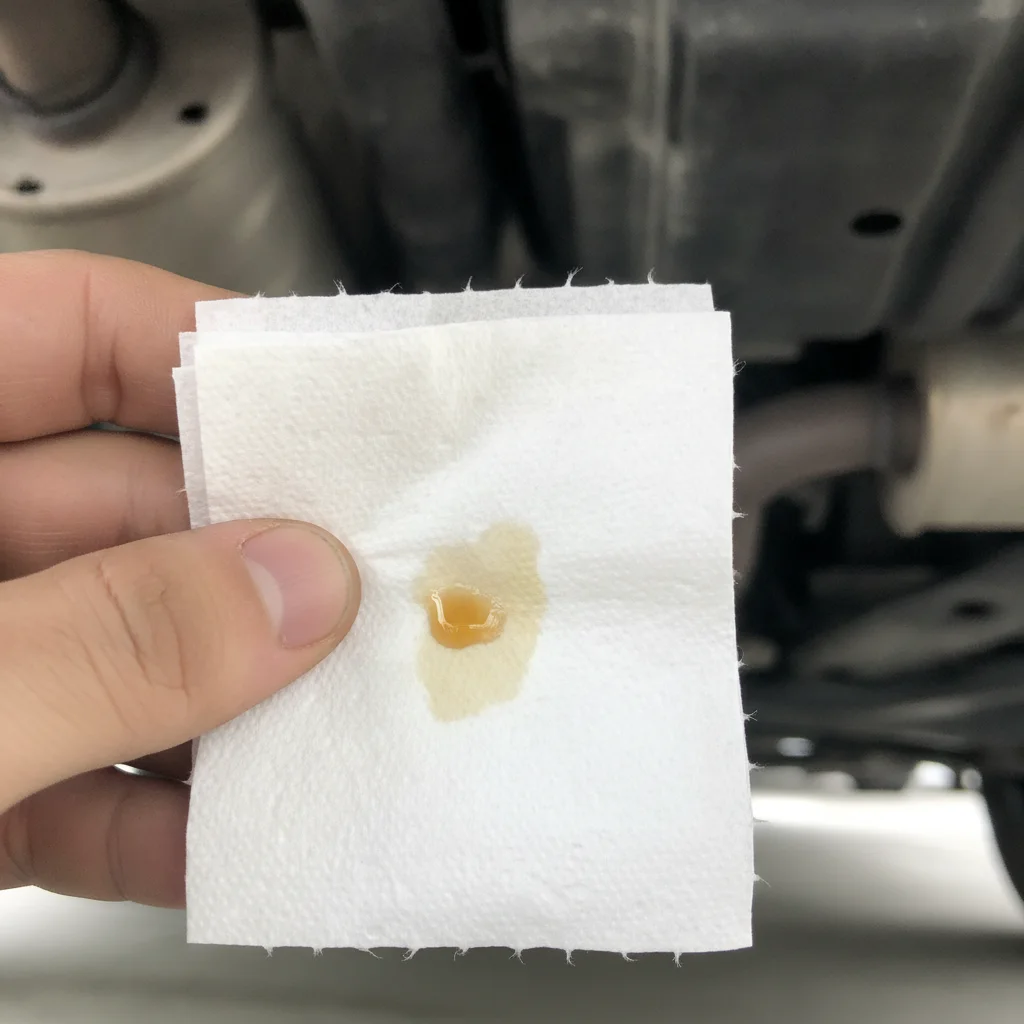Hand holding white paper towel with amber fluid stain used to identify a car leak
