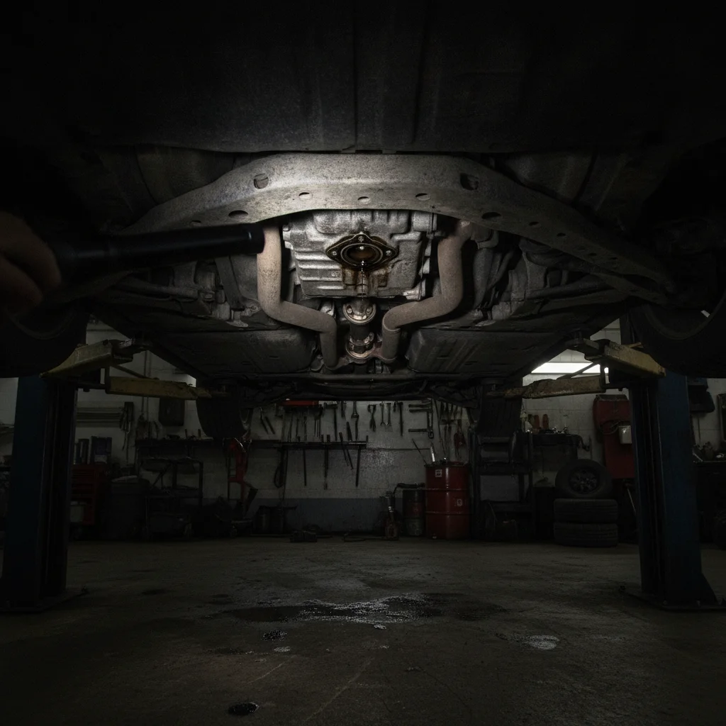 Car undercarriage on a shop lift with a flashlight revealing an oil leak around a gasket