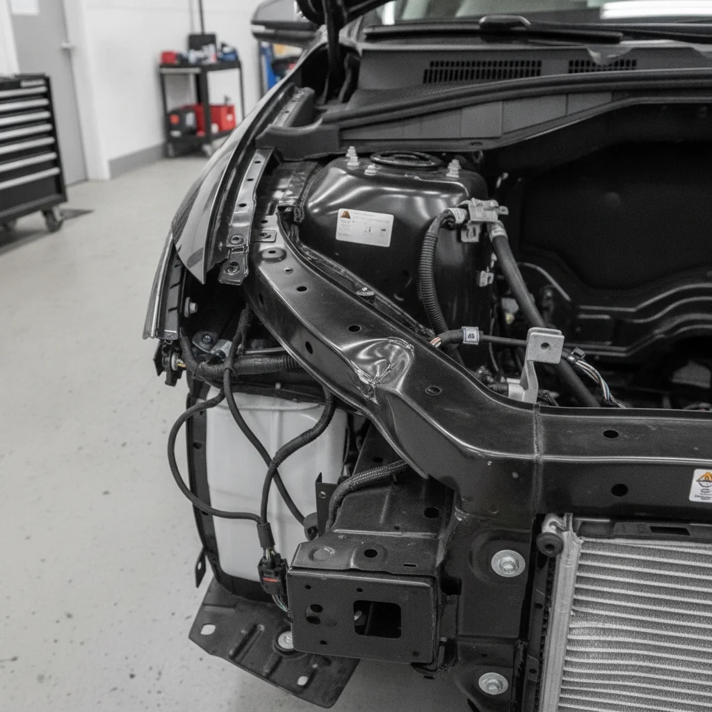Engine bay view showing a bent front structural rail indicating frame damage from a frontal collision