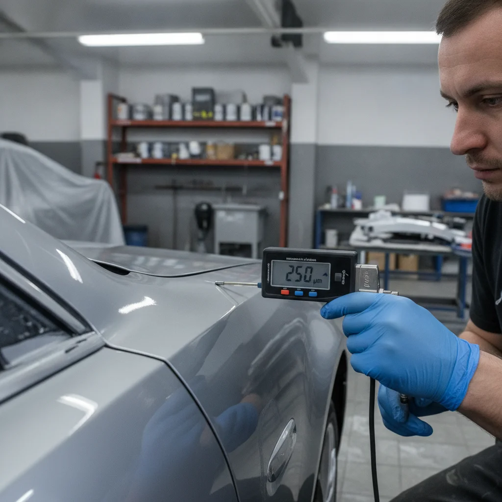 Body shop technician using a paint depth gauge on a car door panel to detect hidden body filler