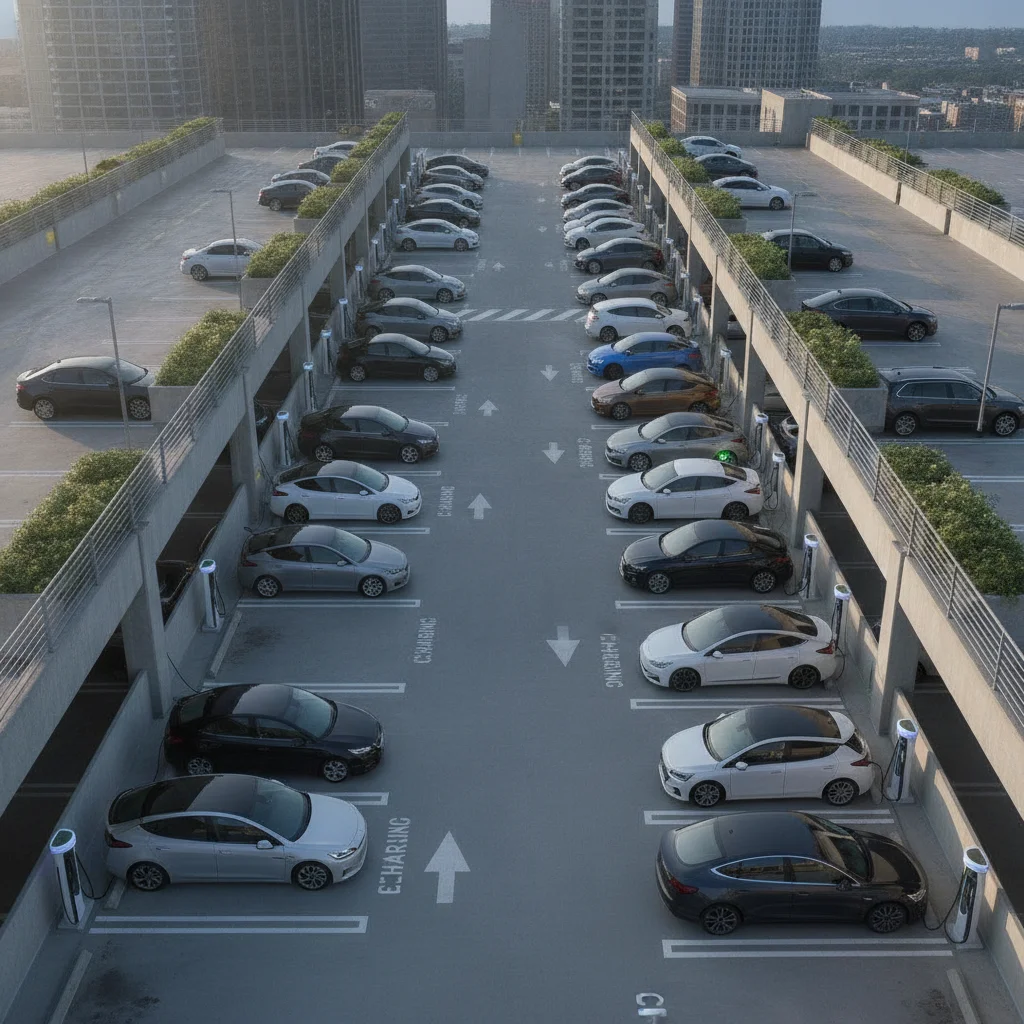 Overhead view of a parking structure with multiple Level 2 EV charging stations in use