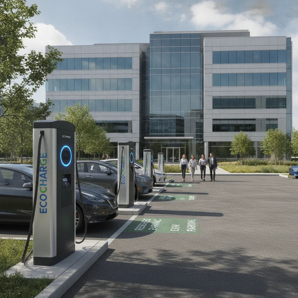 Corporate office parking lot with Level 2 EV chargers available for employee use near reserved parking spaces