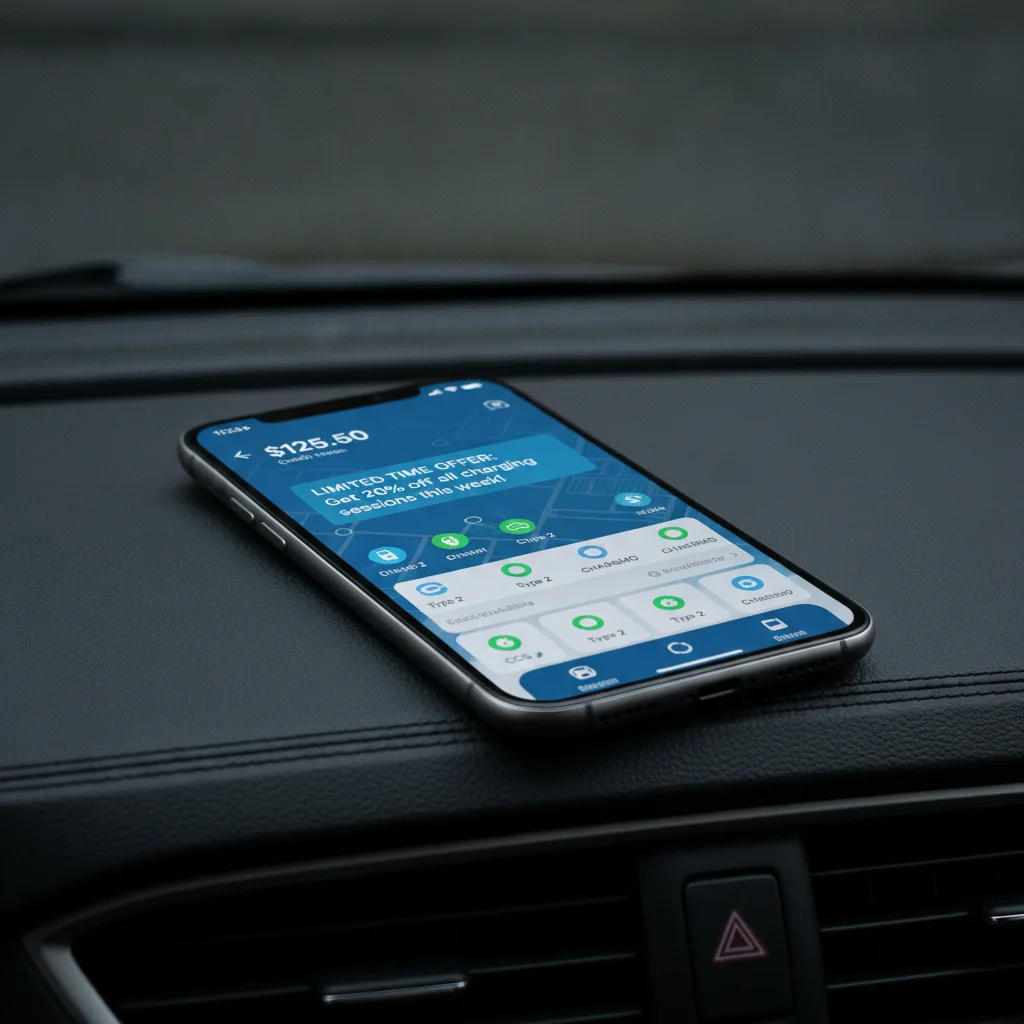 Smartphone displaying an EV charging network app with credit balance and promotional charging offer on a car dashboard