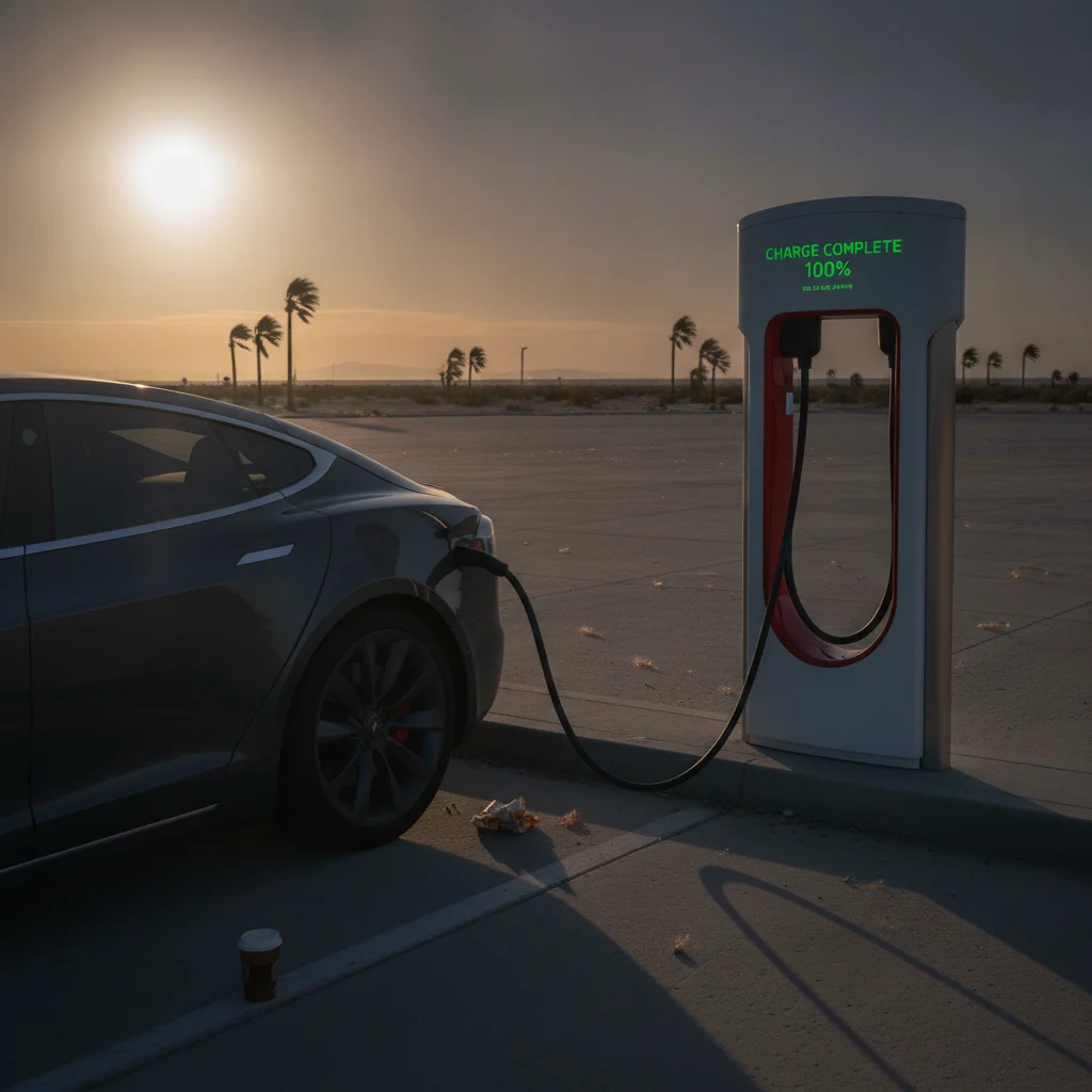 Electric vehicle sitting fully charged but still plugged in at an idle DC fast charger station showing 100% on screen