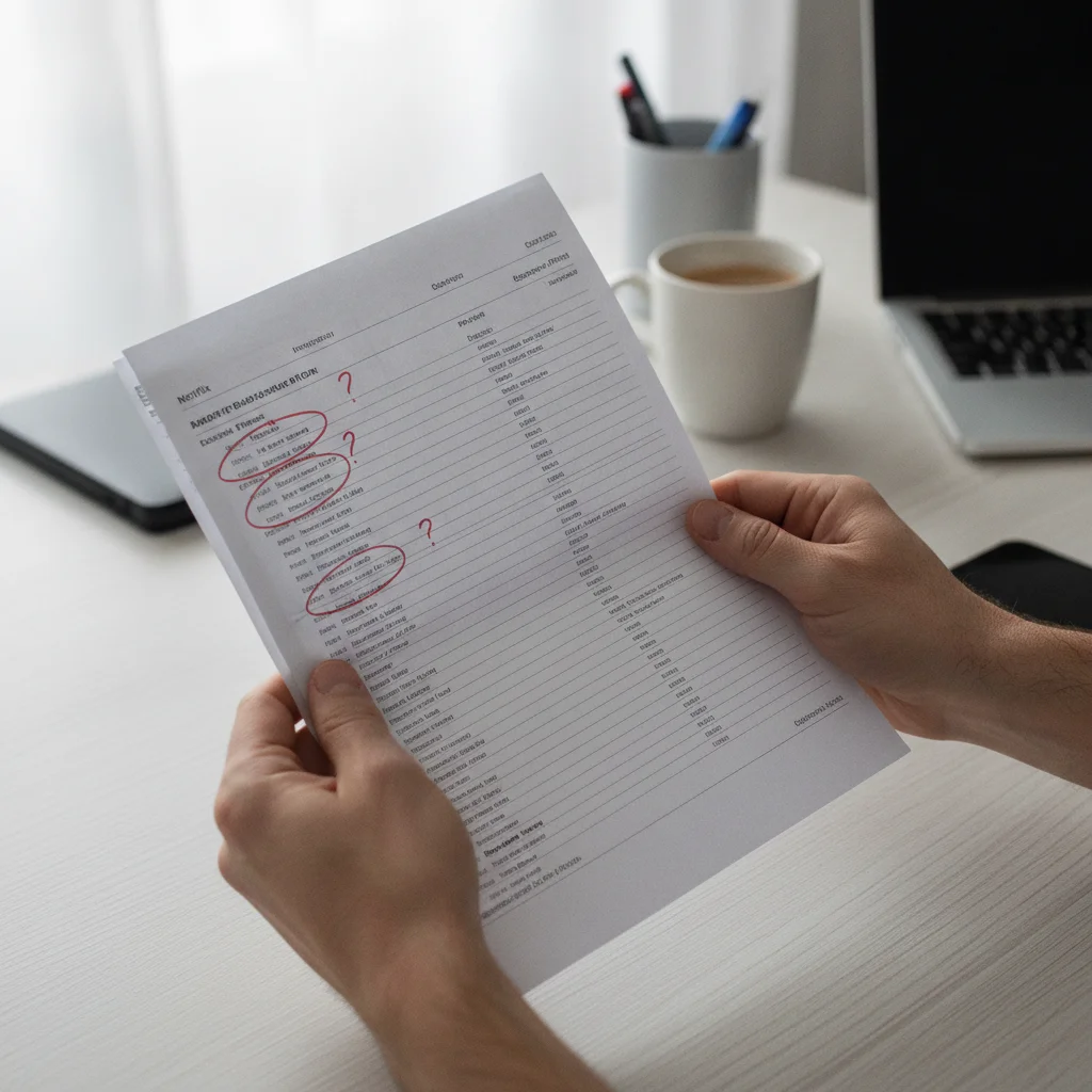 Hands holding a bank statement with subscription charges circled in red pen
