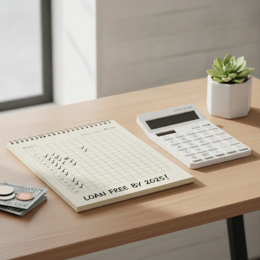 A loan payoff tracker notebook on a desk with a calculator and plant