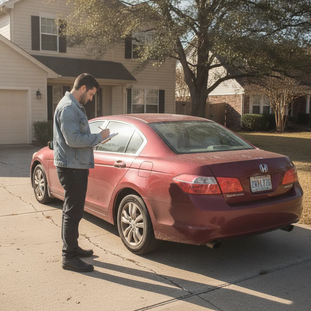 A car seller carefully inspecting a dusty sedan in a driveway while taking notes on a notepad