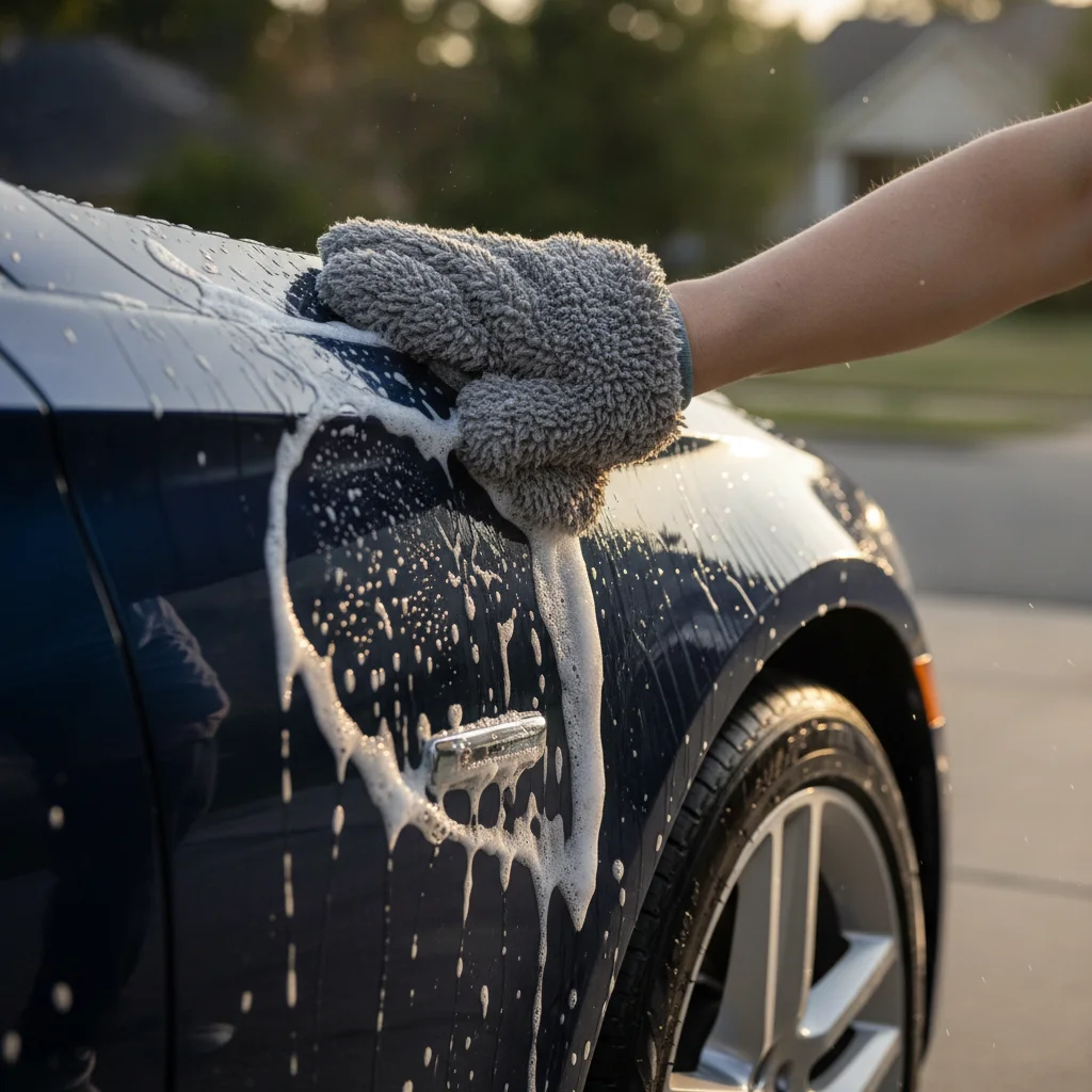 A hand washing a car's exterior panel with a soapy microfiber mitt in soft afternoon light
