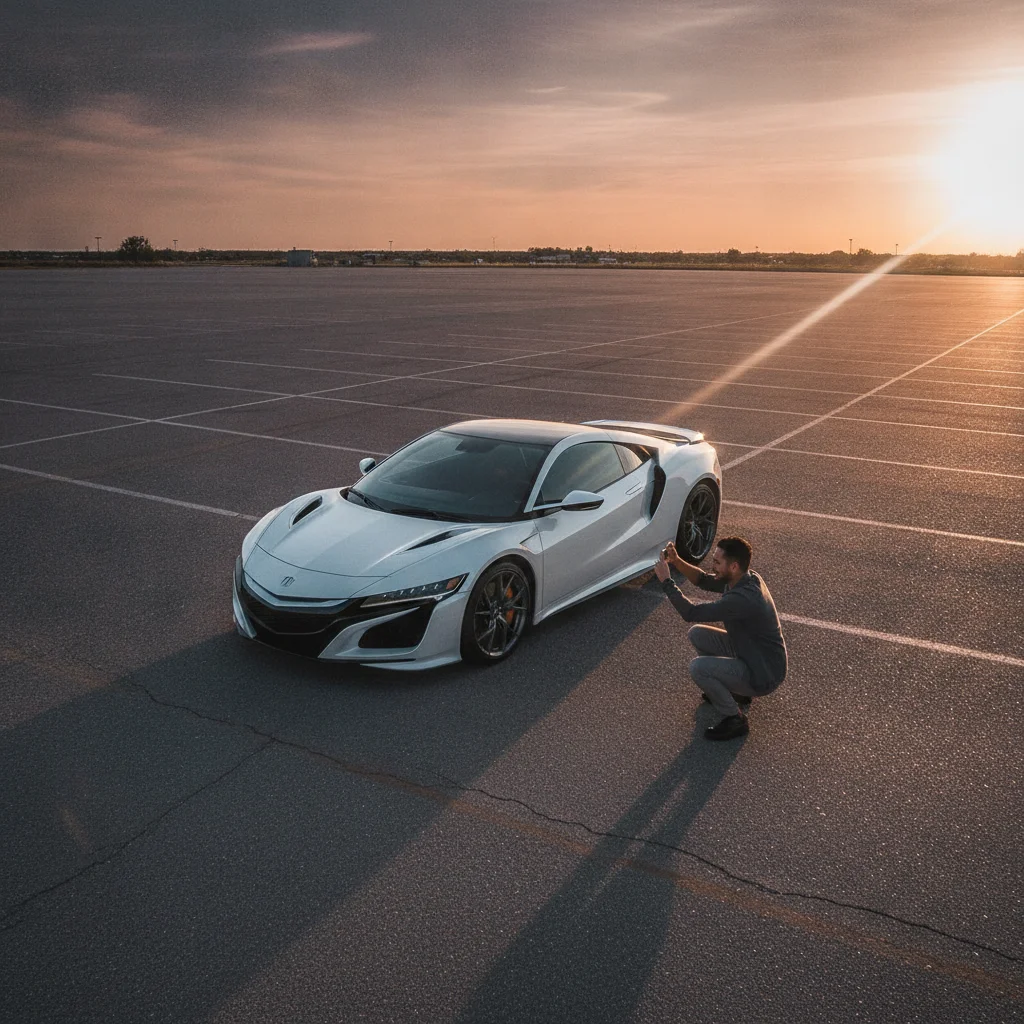 A person photographing a freshly cleaned car in an empty parking lot during golden hour for a sale listing