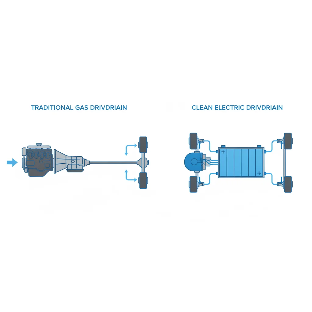 Side-by-side diagram comparing a gas car drivetrain layout to a front-motor electric vehicle drivetrain