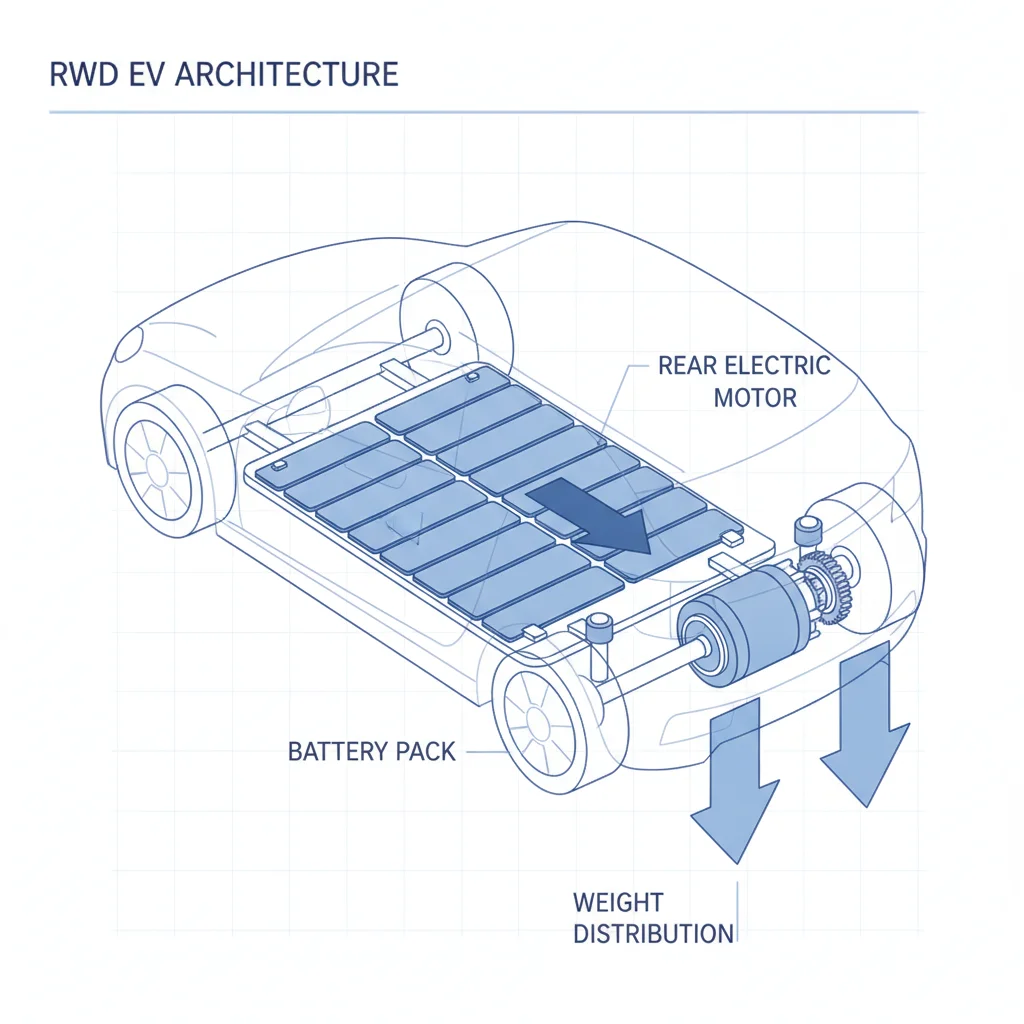 Cutaway diagram of a rear-wheel drive EV showing rear motor placement and battery pack in the floor
