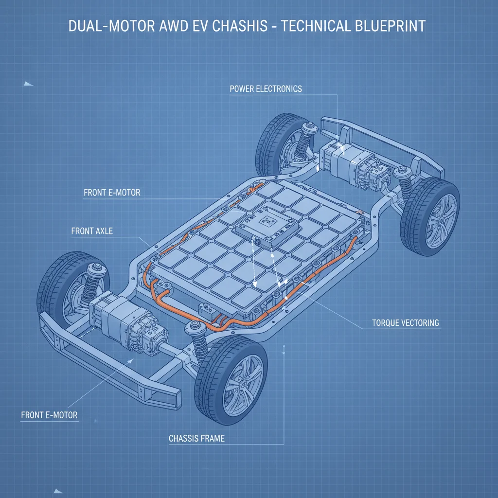 Cutaway illustration of a dual-motor AWD electric vehicle with front and rear motors and electronic torque distribution