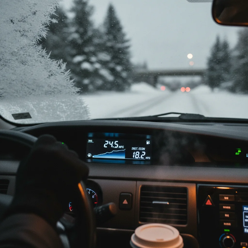 Car dashboard showing reduced fuel economy reading on a cold frosty winter morning