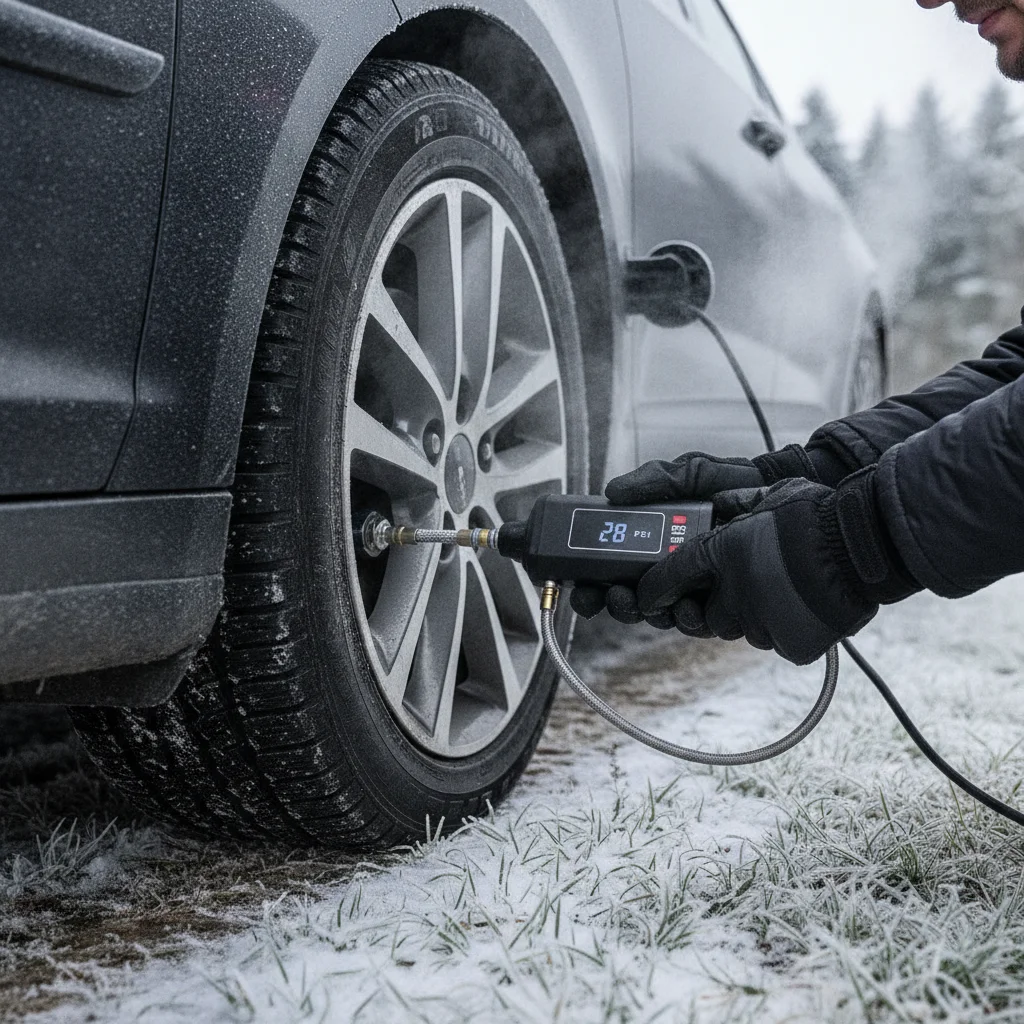 Driver checking and inflating a car tire with a portable pump in cold winter conditions