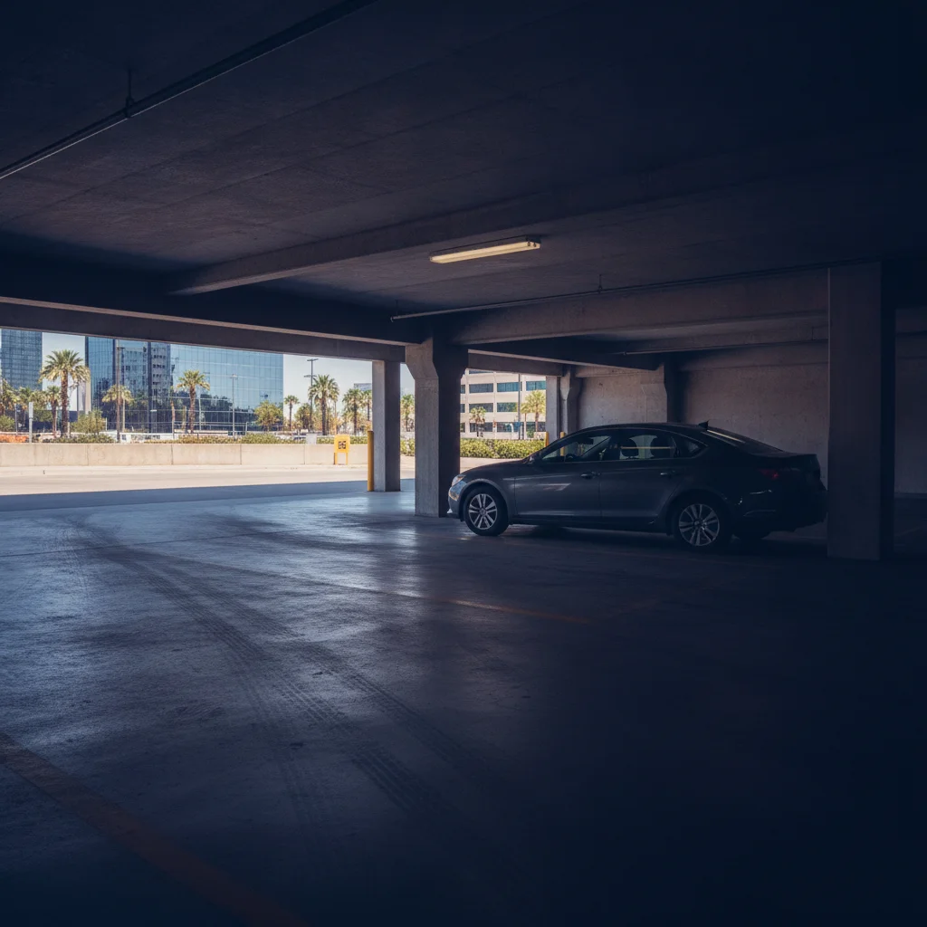 Car parked in a shaded garage to stay cool and reduce air conditioning load in summer heat