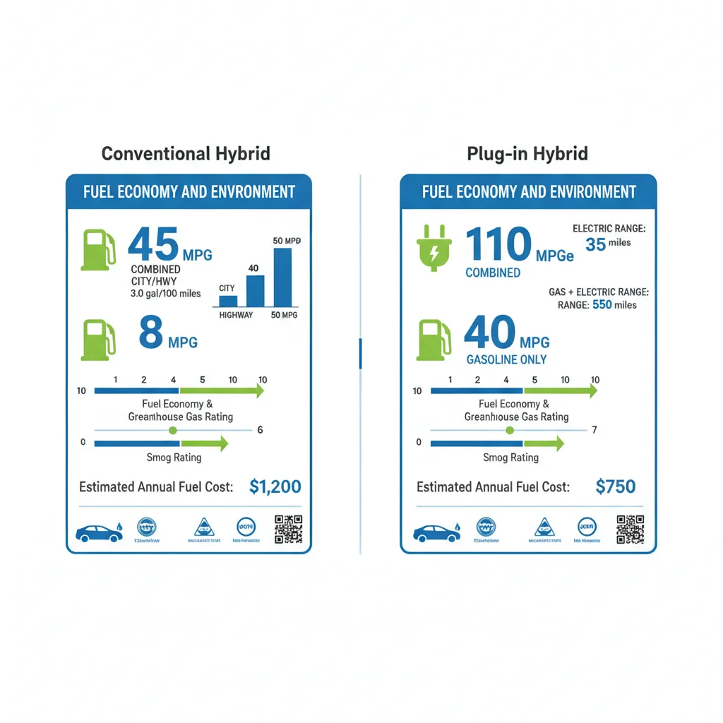 Side-by-side comparison of EPA fuel economy stickers for a hybrid and a plug-in hybrid vehicle