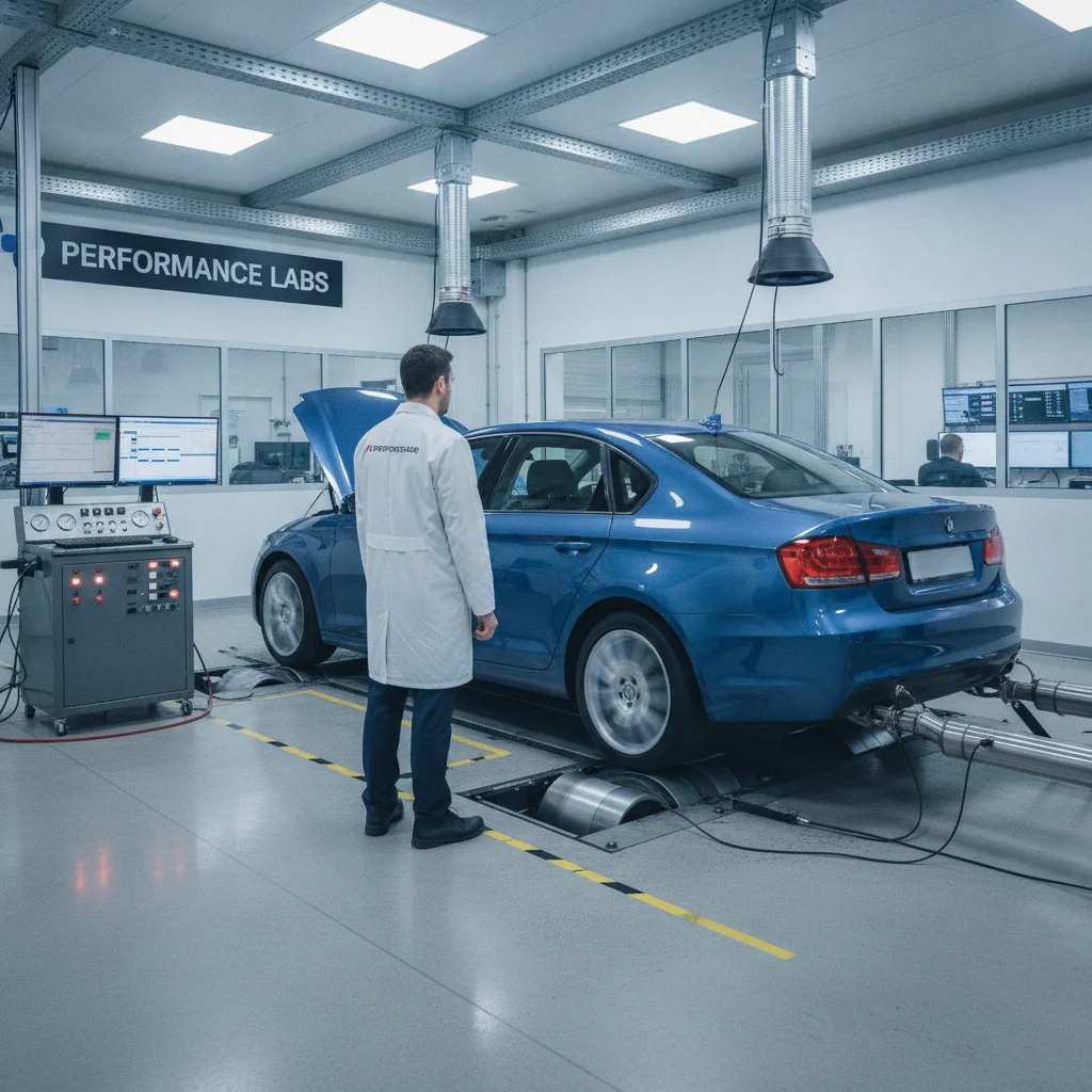 Automotive technician monitoring a vehicle on a dynamometer during EPA fuel economy testing in a lab
