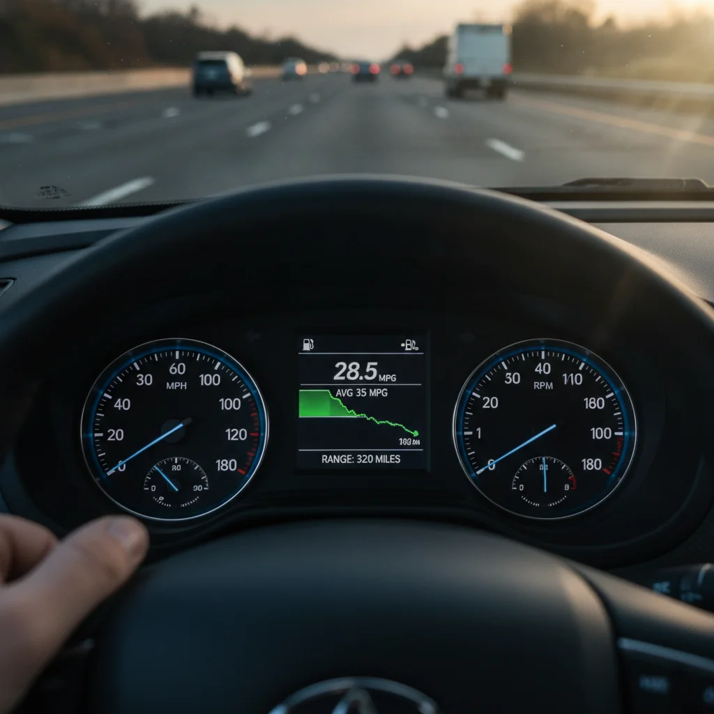 Car dashboard showing real-time fuel economy display during highway driving with MPG reading visible