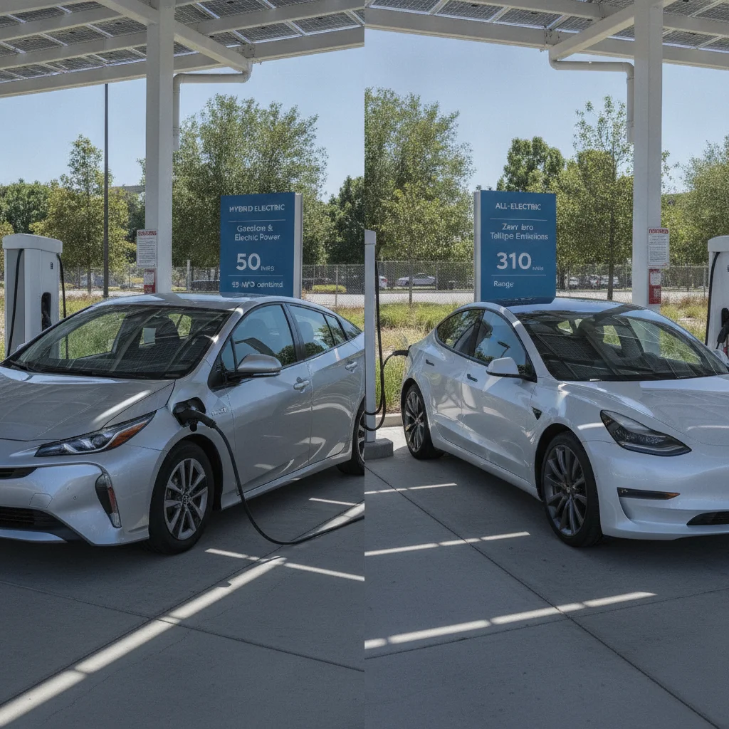 Hybrid sedan and electric vehicle parked side by side at a charging station with EPA window stickers visible