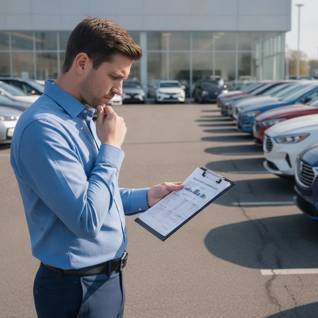 Car buyer reviewing fuel economy comparison data on a clipboard at a dealership lot with vehicles in background