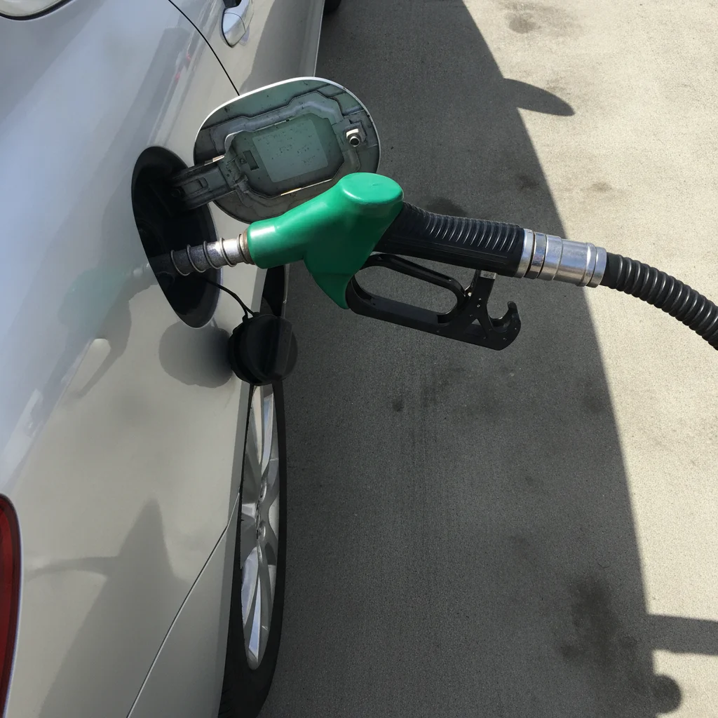 Gas station pump nozzle inserted into a car's fuel tank inlet during a fill-up