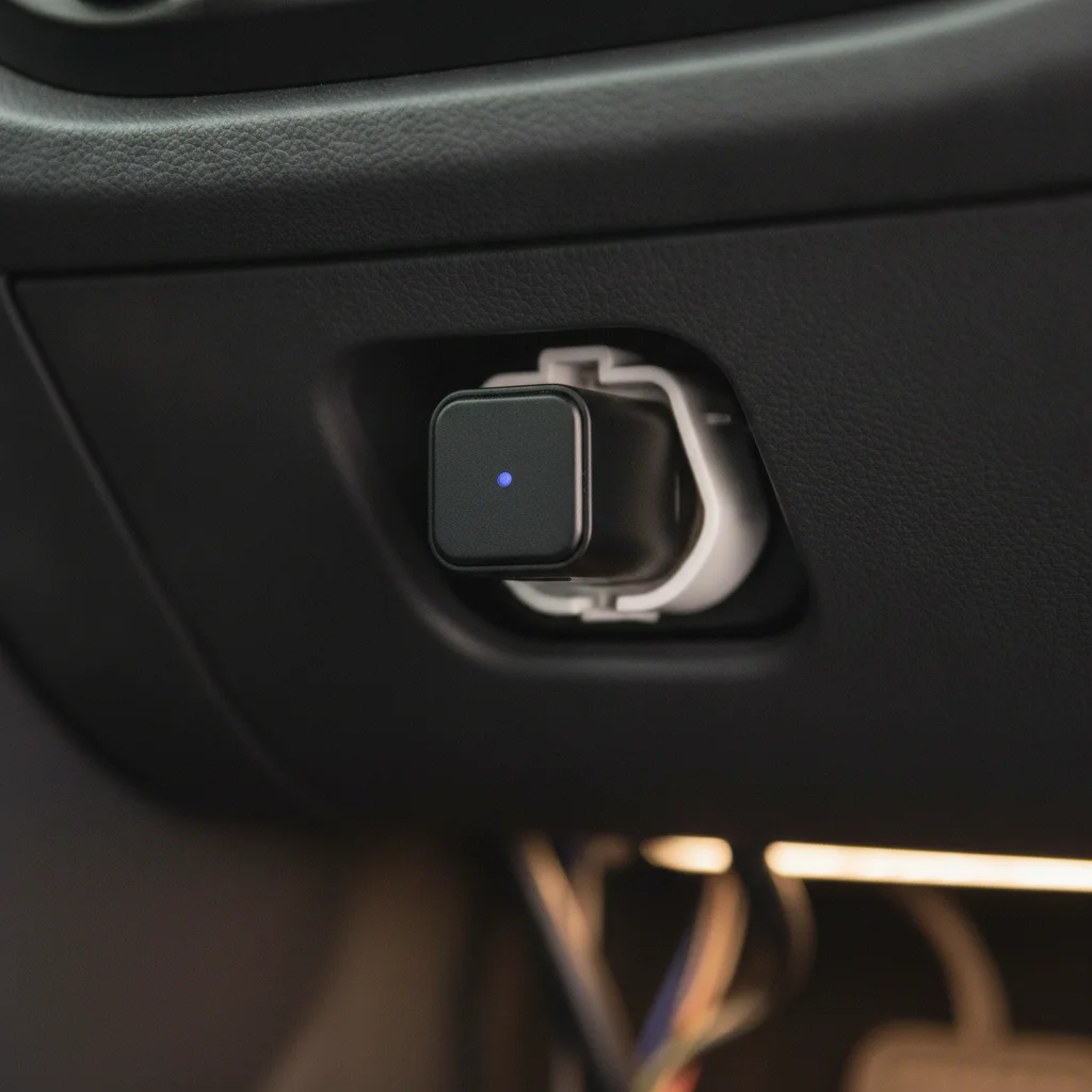 OBD-II Bluetooth adapter plugged into the diagnostic port beneath a car dashboard
