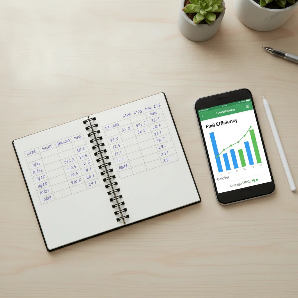 Handwritten fuel log notebook beside a smartphone showing a fuel economy tracking app graph