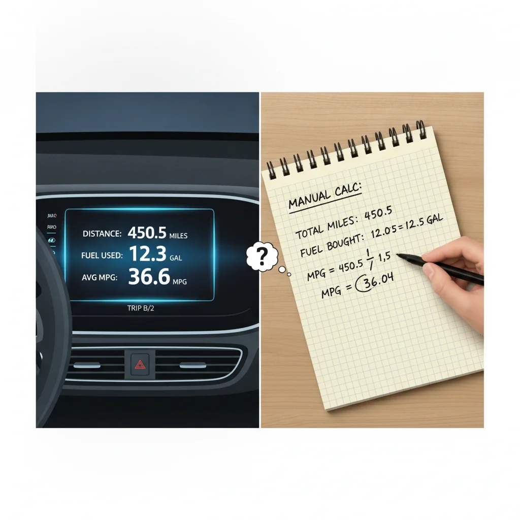 Comparison between a trip computer MPG display and a manually calculated fuel economy figure on a notepad