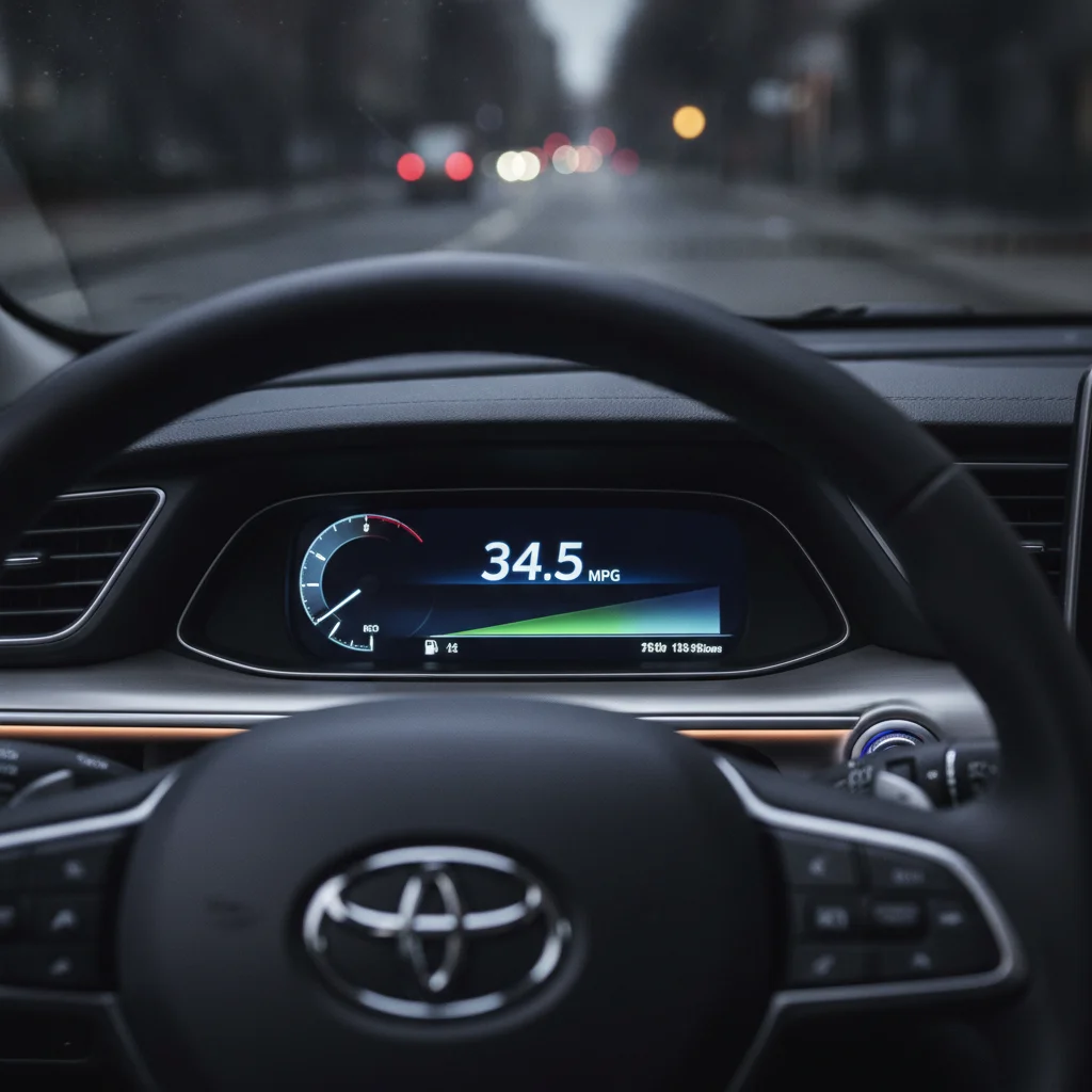 Car dashboard showing real-time fuel economy MPG readout display