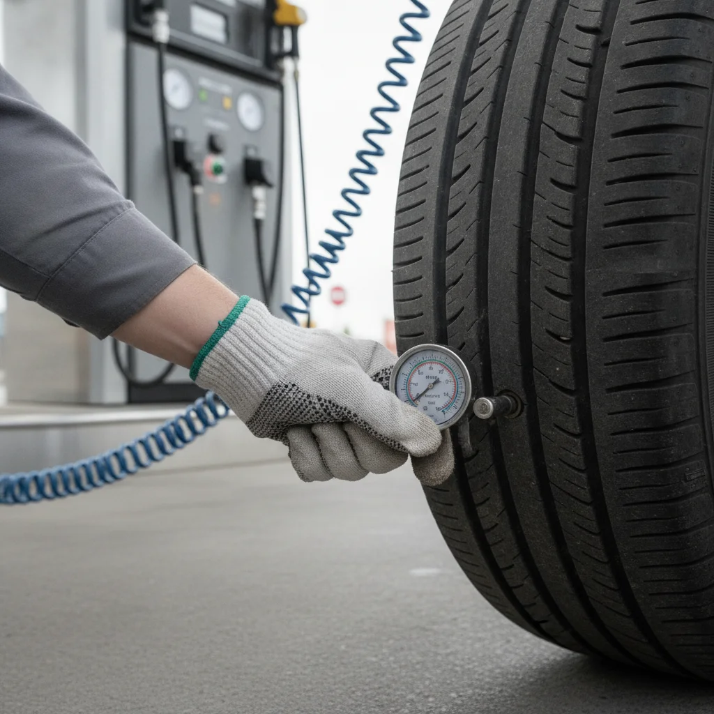 Driver checking and adjusting tire pressure at a gas station with a pressure gauge