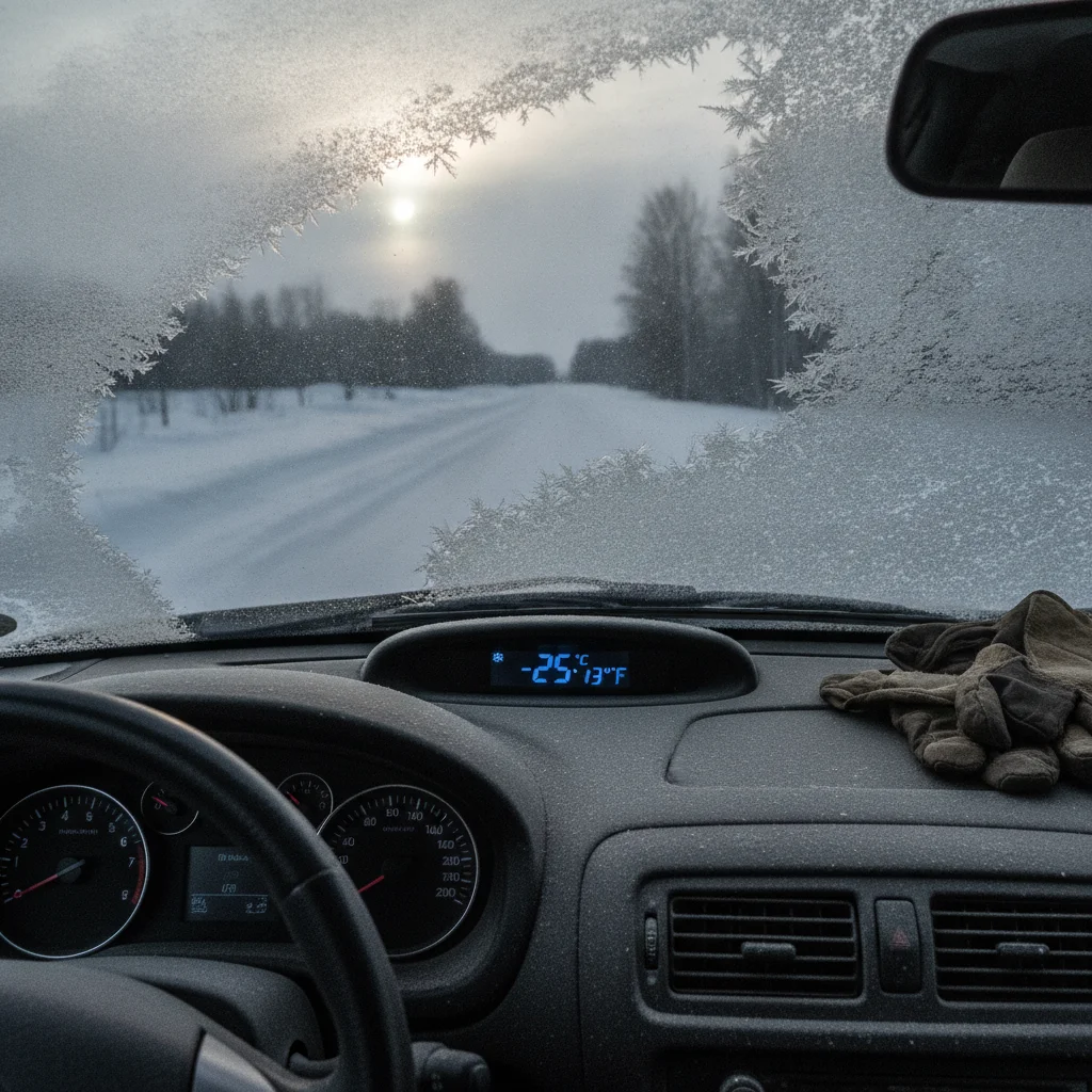 Car dashboard thermometer showing freezing temperature with frost on the windshield in winter
