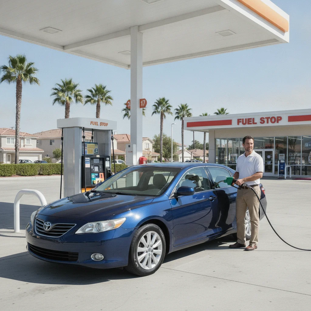 Driver fueling a sedan at a gas station on a sunny day
