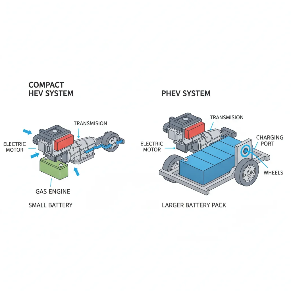 Side-by-side diagram comparing HEV and PHEV powertrain layouts and battery sizes