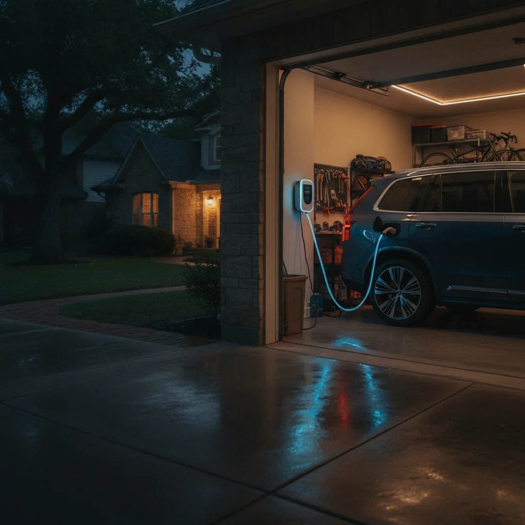 Plug-in hybrid SUV connected to a Level 2 home charger in a suburban garage at night