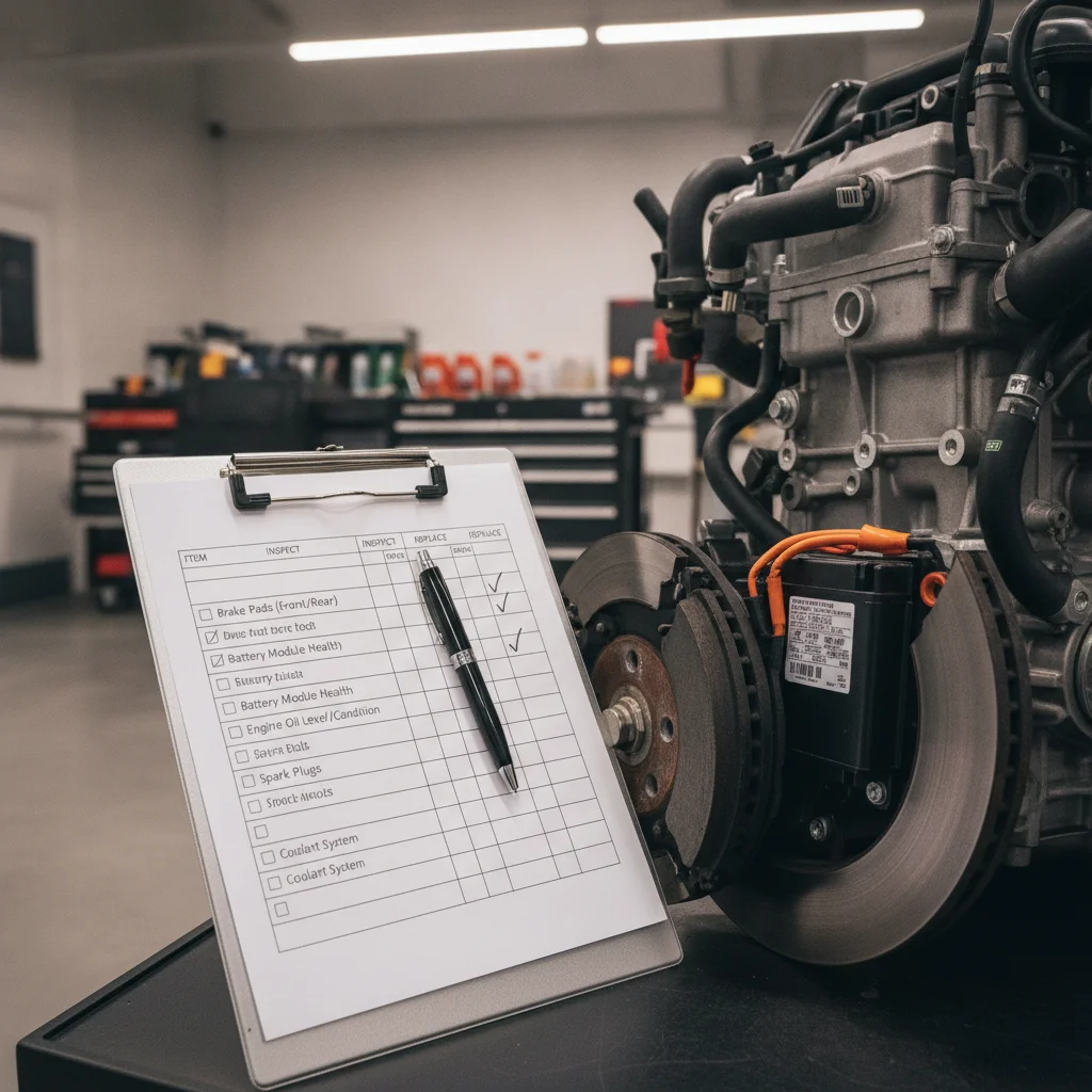 Hybrid vehicle maintenance components including battery module and brake assembly on a workshop bench