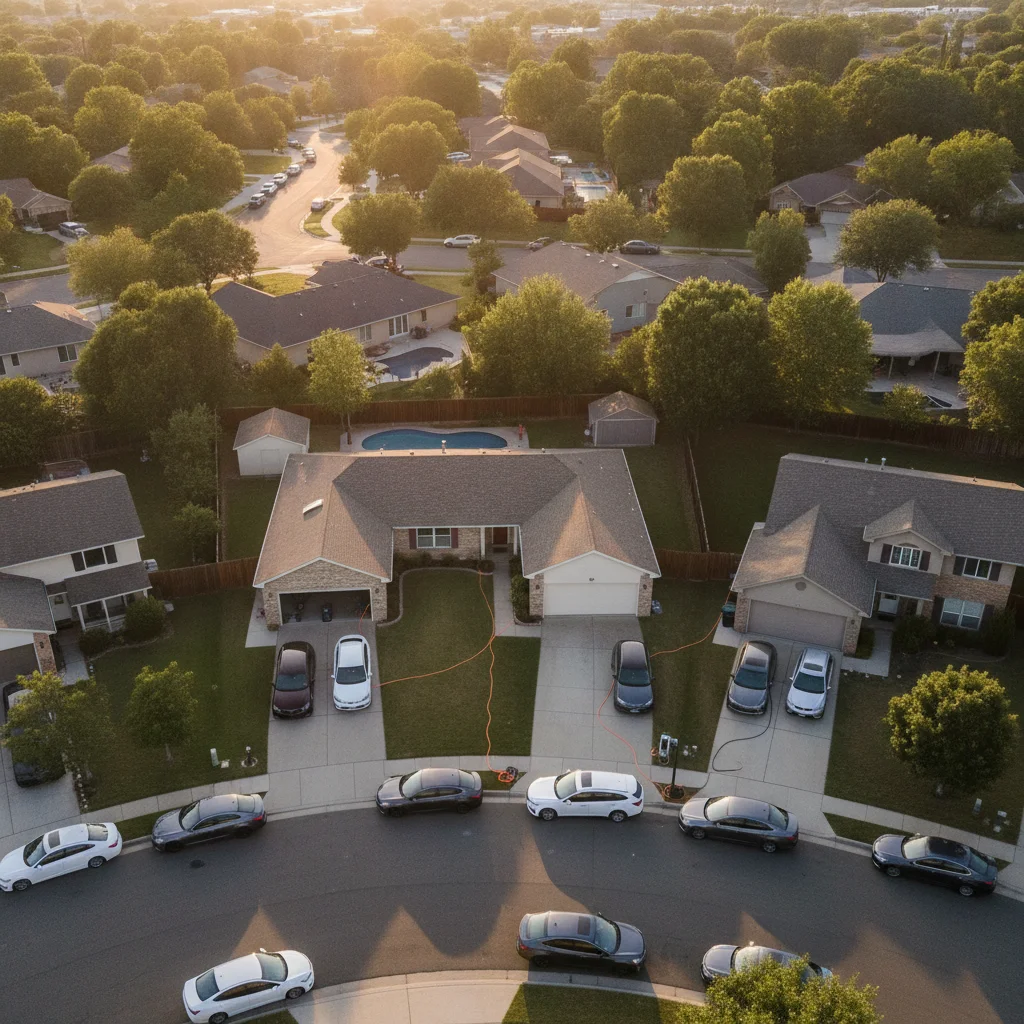 Aerial view of a suburban neighborhood showing varied parking situations including driveways and street parking