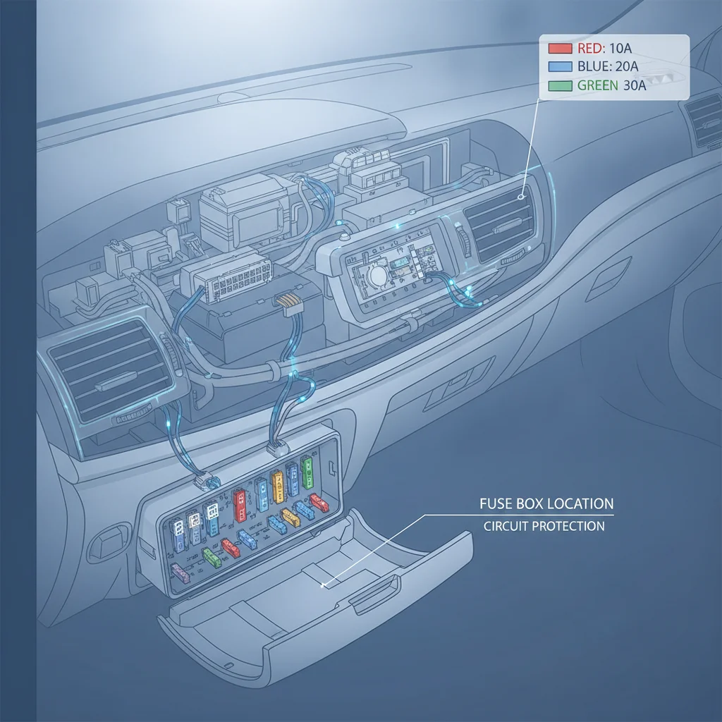 Cutaway view of a car dashboard showing an open fuse box with labeled fuse slots