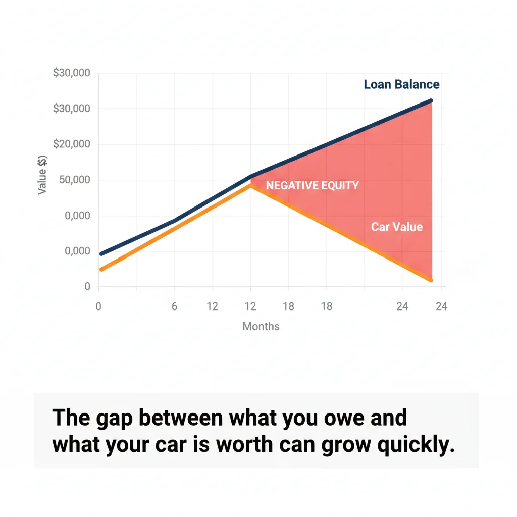 Graph showing loan balance declining slowly while car value drops steeply, with the gap highlighted in red