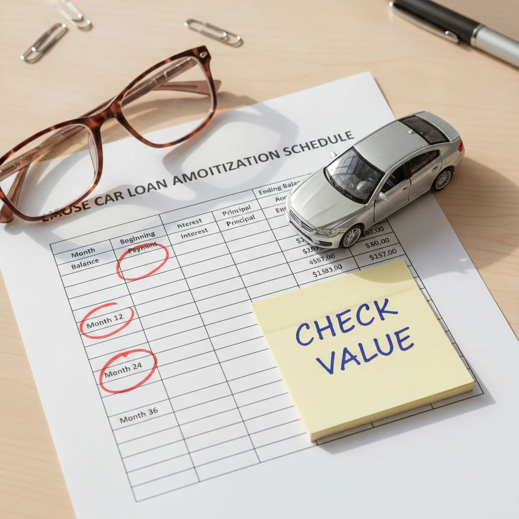 Loan amortization schedule with circled months beside a model car and a sticky note reminder to check value