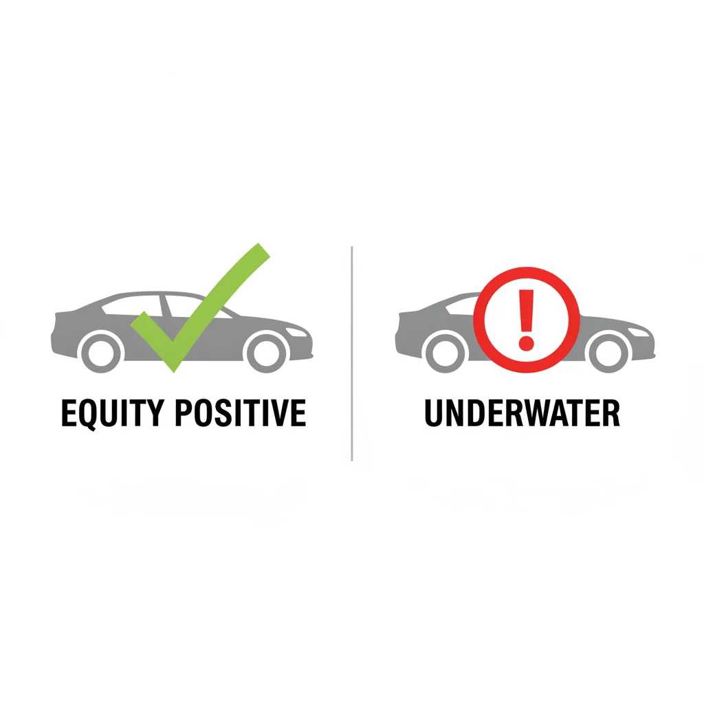 Two car outlines side by side showing equity positive versus underwater loan situations with labels