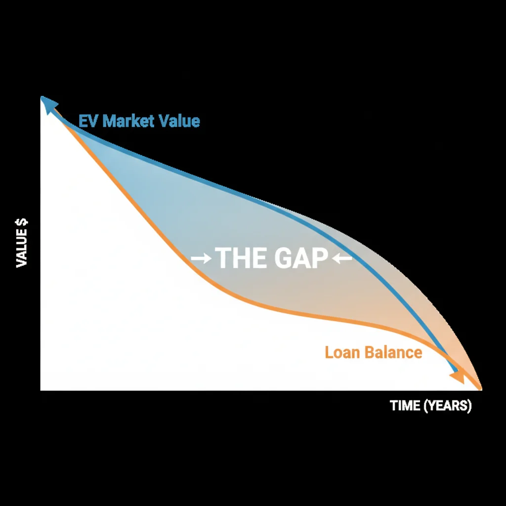 Graph showing EV market value declining faster than loan balance, illustrating the gap coverage need