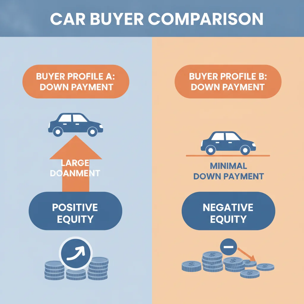 Side-by-side comparison of two buyers showing how down payment size affects equity position and gap insurance need