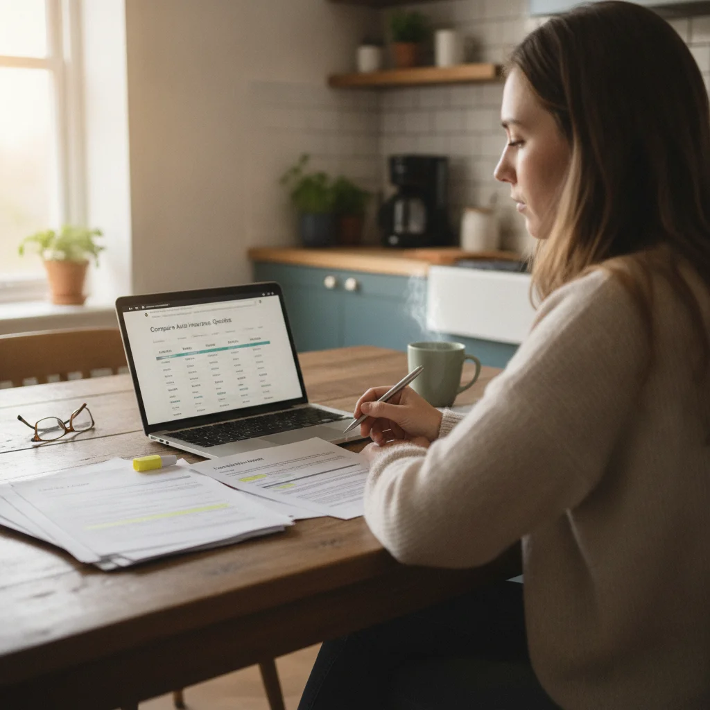 Person comparing gap insurance options on a laptop while reviewing loan documents
