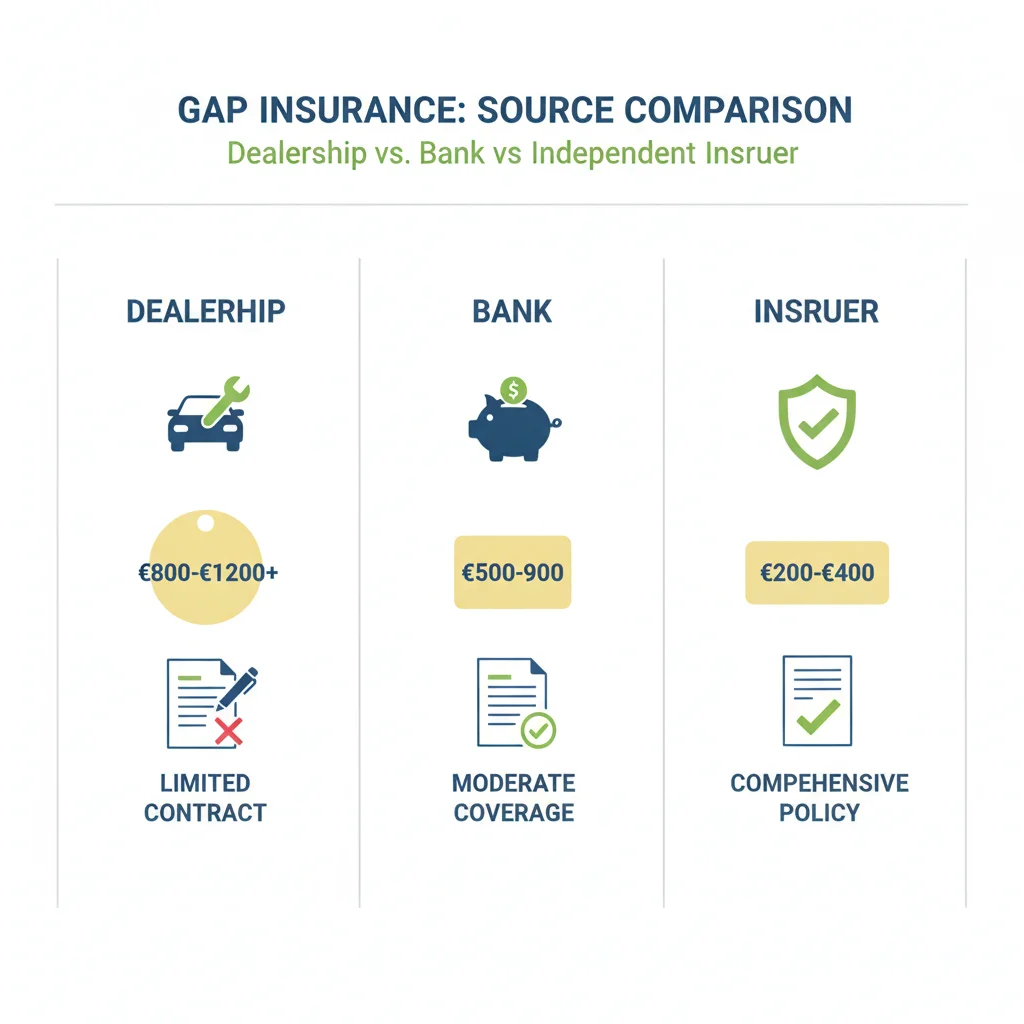 Comparison infographic showing gap insurance cost differences between dealer, bank, and insurer sources