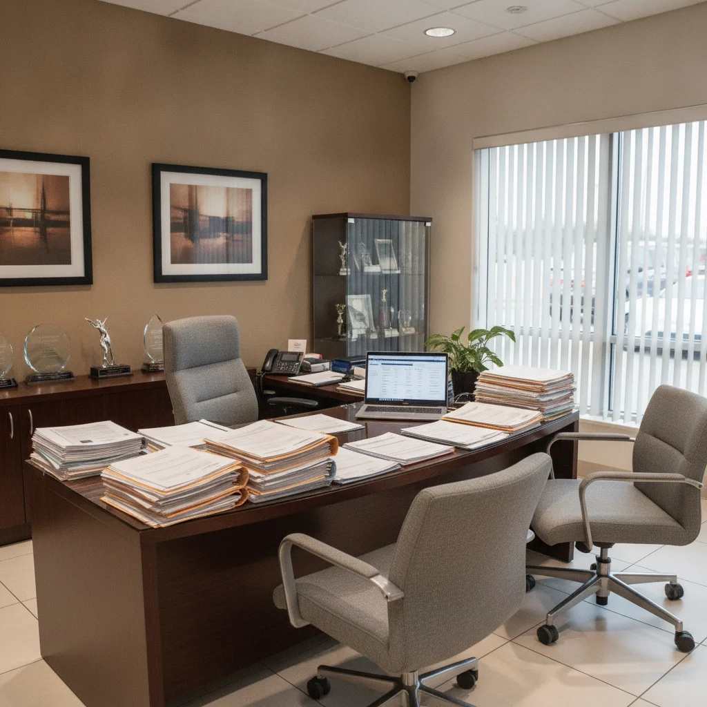 Empty dealership F&I office with paperwork and laptop on desk, representing contract signing