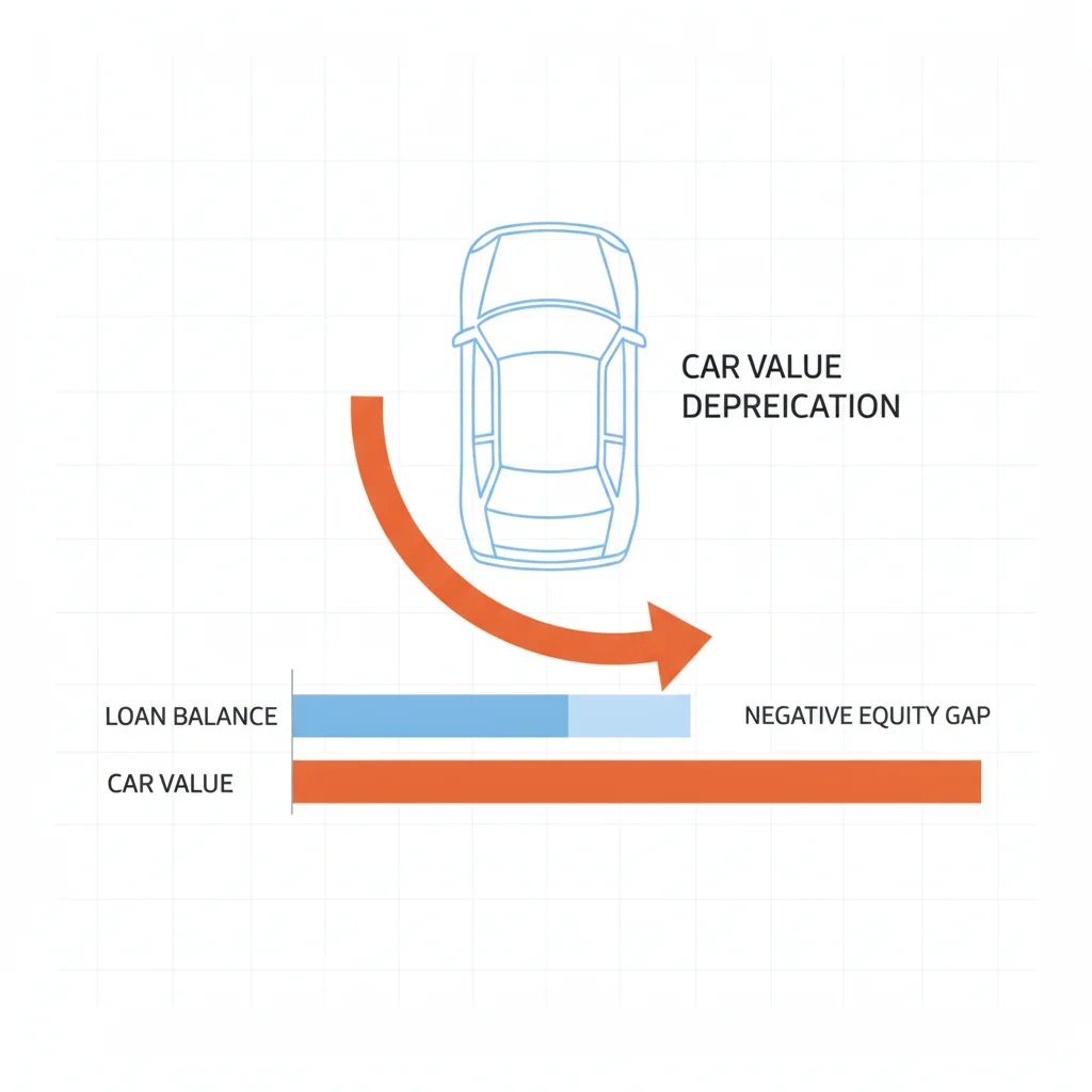 Diagram showing vehicle depreciation curve declining faster than loan balance paydown over time