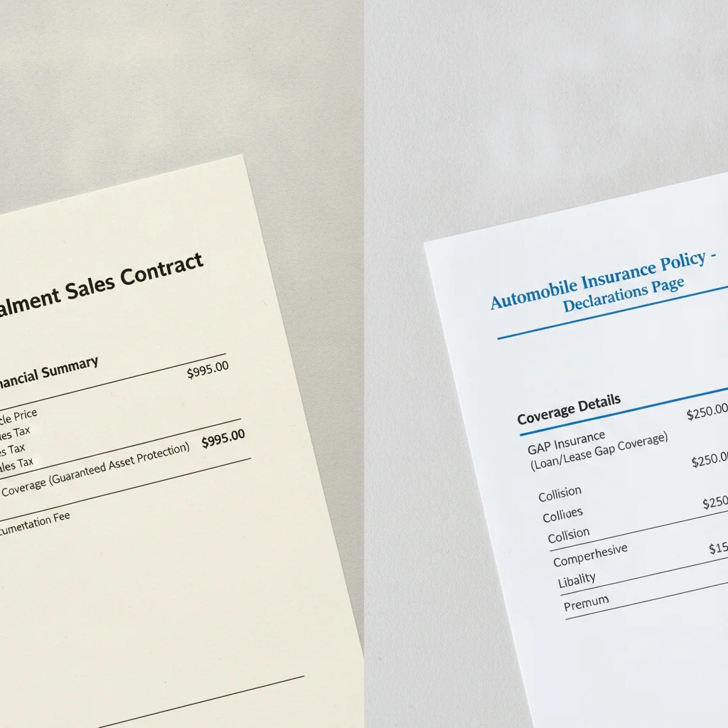 Side-by-side comparison of dealer GAP contract and insurer GAP policy showing different price points