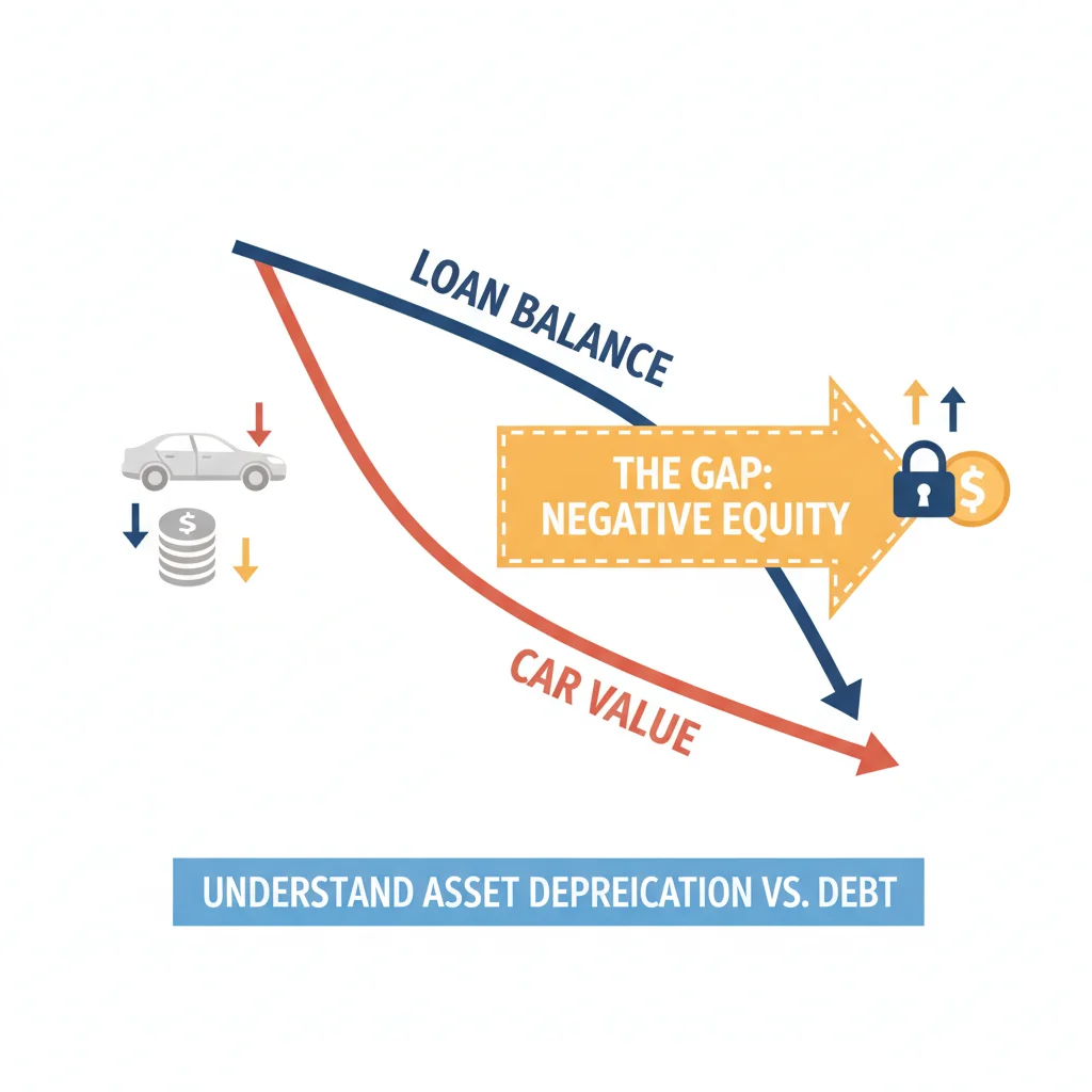 Graph showing a car's value dropping below a loan balance over time, illustrating the gap