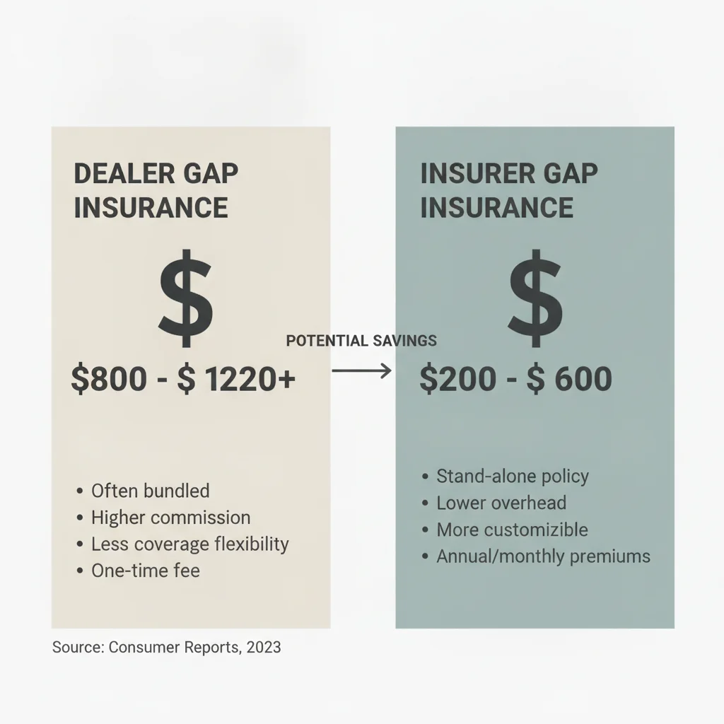 Side-by-side price comparison of dealer-sold gap insurance versus insurer add-on gap coverage