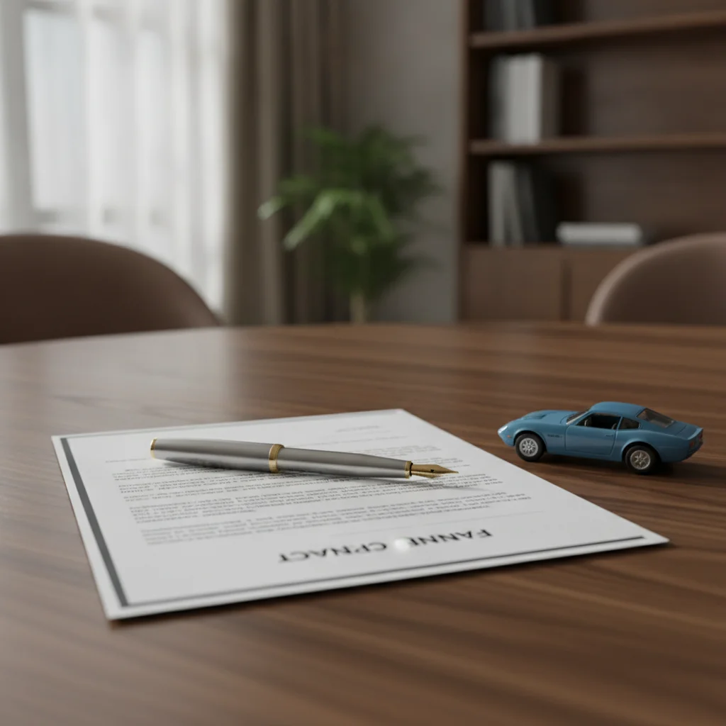 Auto finance contract with pen and toy car representing a vehicle loan agreement